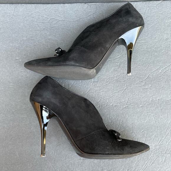 Vintage Icone Black Suede Heels 38.5/US 7.5 Italy Patent Bow 90s - Picture 8 of 10